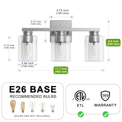 Image of L LOHAS LED 3-Light Bathroom Light Fixtures Over Mirror, 17.7-Inch Nickel Bathroom Vanity Light with Clear Glass Shade, Modern Vanity Lights for Bathroom Hallway Living Room Bedroom, E26, UL Listed