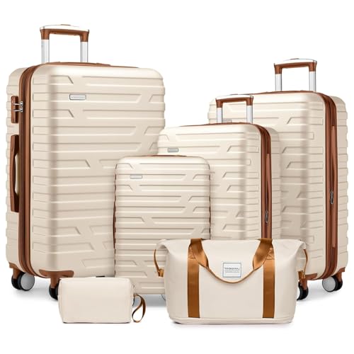 Luggage Sets 6 Piece Expandable Hardside Carry on Suitcase Set with Spinner Wheels TSA Lock Scratch-Resistant Surface Expandable for Up to 25% More Space (Cream)