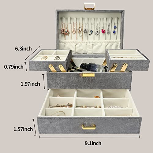 Dajasan Jewelry Organizer Box, Large Velvet Jewelry Boxes for Women Girls, Space-Saving 3 Layers Jewelry Storage Case with Drawer, Movable Metal Stand, Modern, Gift Idea (Grey) by Dajasan - Used condition - Image 6