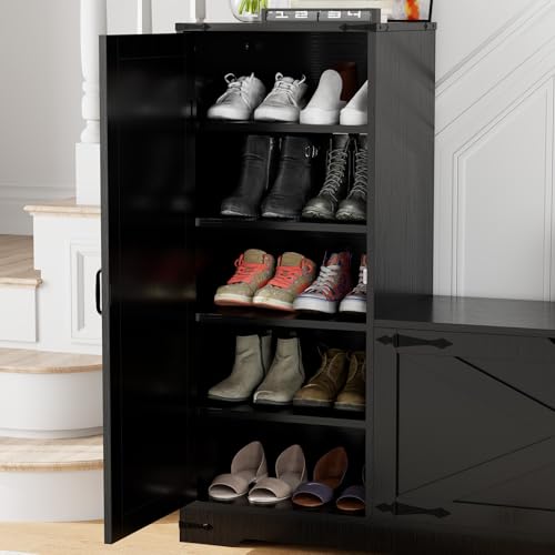 Image of GOODONE 52 inch Farmhouse Shoe Cabinet with Bench, L-Shaped Shoe Storage Bench with Umbrella Stands, Tall Shoe Organizer Cabinet with Adjustable Shelves for Entryway, Living Room, and Stairwell(Black)