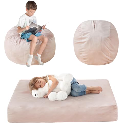 Kids Bean Bag Chair Bed - Convertible Lazy Chair to Floor Mattress with Filler - Small Beanbag Chair for Boys and Girls - Floor Couch Sofa in Bedroom, Classroom, Reading Nook - Pink