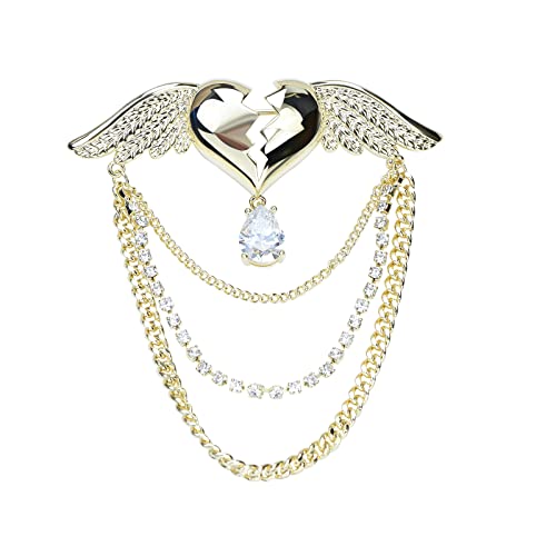Image of Beating Heart with Angel Wings Brooch Lapel Pin Tassel Collar Pin Crystal Love Heart Brooch Badge