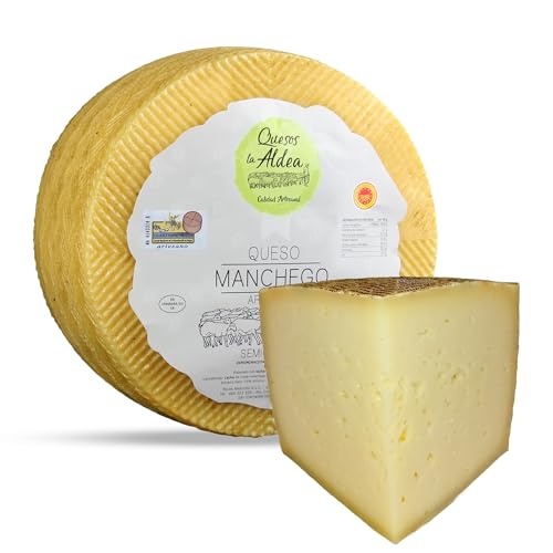 QUESOS LA ALDEA | Queso Artesano Manchego de Oveja Semicurado | D. O. La Mancha | Cuña de 0,75 kg | Kits y Packs de Quesos | Cajas Degustación y Gourmet | Disponible: Entero, en mitades o cuartos