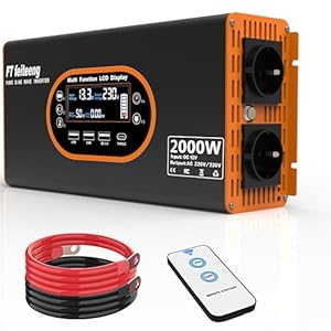 Wechselrichter 2000W 12V auf 230V Reine Sinuswelle - Spannungswandler LCD Display mit 2 EU-Steckdosen und 3 USB Typ-C Port，Steckdose mit Fernbedienung für Wohnmobil Auto Camping