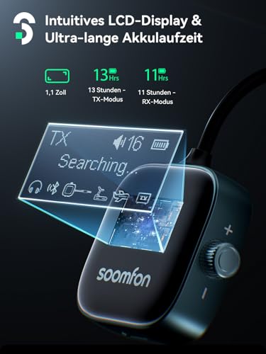 SOOMFON 2-in-1 Bluetooth 5.3 Sender Empfänger Klinke, Bluetooth Adapter Flugzeug mit Display und Akku, 3.5mm BT Transmitter Splitter für 2 Kopfhörer wie Airpods, für TV, Fitness & Stereoanlage