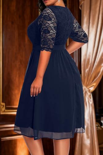 Image of Pinup Fashion Plus Size Lace Chiffon Wrap V Neck Dresses Women Cocktail Wedding Guest Midi Dress