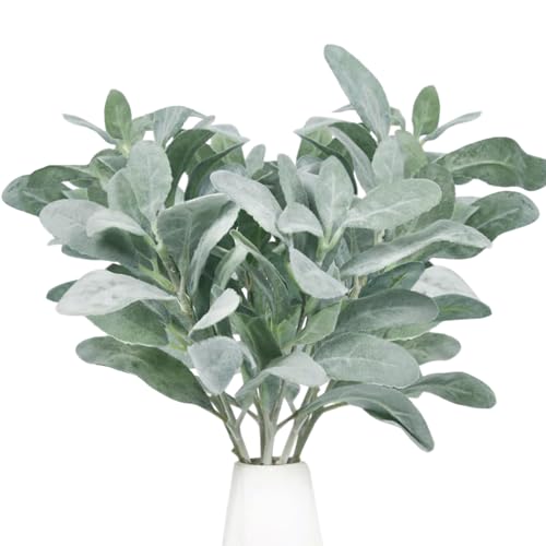 Tinsow Artificial Flocked Lambs Ear Leaves Dusty Miller Stems Flocked Oak Leaves Lambs Ear Foliage for Home Wedding DIY Floral Arrangement (Silver Lambs Ear 5)