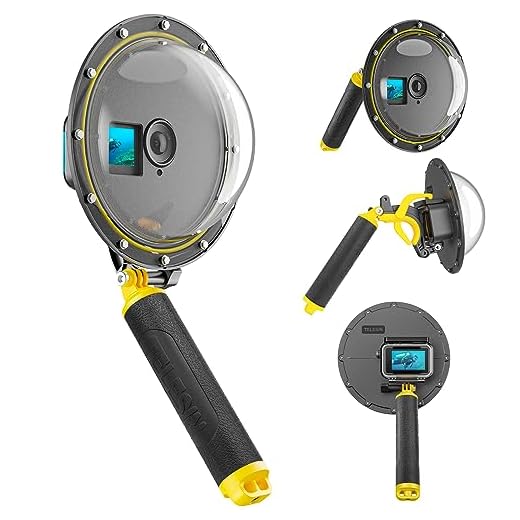 TELESIN Puerto de cúpula impermeable para cámara DJI Action 5 Pro Action 4 3, carcasa subacuática con mango flotante, correa de muñeca, accesorios de buceo y esnórquel