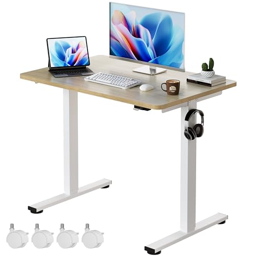 Image of Okin Electric Standing Desk, 40 x 24 Inches Whole Piece Height Adjustable Desk, Oak Sit to Stand Desks Computer Workstation with Wheels for Home Office
