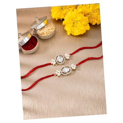 Image of Peora Rakhshabandhan Thread Rakhi for Brother Bhaiya | Kundan Beads & Crystal Studded | Combo Set of 2 | Rakhi Hamper Roli Chawal & Greeting Card
