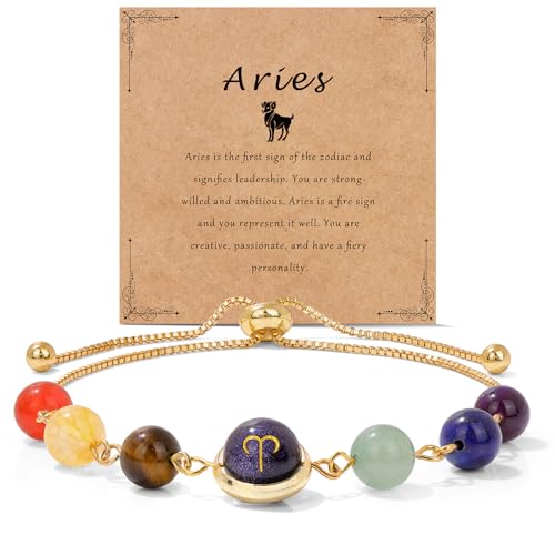 Raicegs Aries Gifts for Women 18K Gold Plated Bracelets Crystal Healing Zodiac Bracelets for Women Natural Stone Zodiac Sign Gemstone Beads Constellation Horoscope Jewelry Birthday Gifts