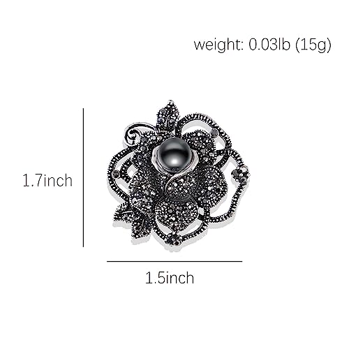Image of ROFARSO Dark Silver Victorian Style Flower Brooch Pin with Black Pearl for Women Dark Gray Rhinestone Crystal Accessory for Wedding Party Gifts