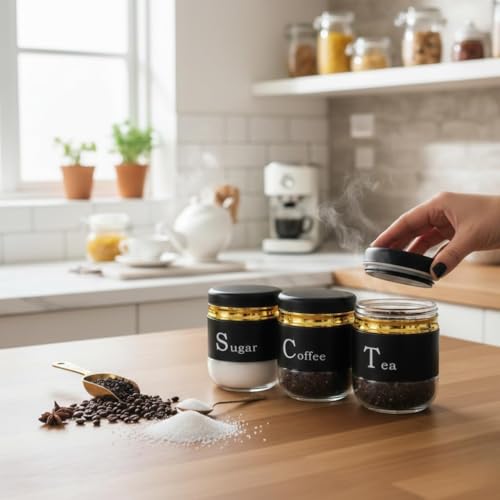 Image of 7Seas 3Pcs Kitchen Canister Set, Tea Coffee Sugar Storage Jars With Air-tight Steel Lid | Kitchen Spice Storage Jars With Name Print For Easy & Quick Find | Kitchen Tea & Sugar Dabba - 350ML (Black)