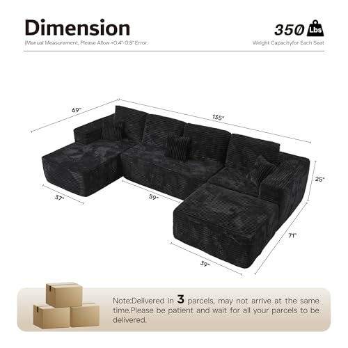 ovios Sectional Cloud Couch for Living Room, Modular Floor Sofa with Plush Corduroy, No Assembly Required, Big Comfy Couches Set with Fluffy Memory Foam, Stupendous U Shaped Sofas with Chaise, Black