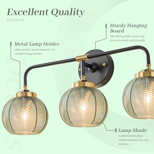 Image of Green 3 Light Bathroom Vanity Light Over Mirror, Black Wall Sconce | Vintage Wall Sconces Light Ribbed Glass Globe Wall Lamp Mid Century Bathroom Lighting Fixtures Art Deco Easy to install E26