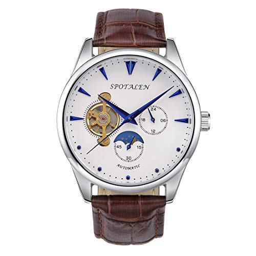 Preisvergleich Produktbild SPOTALEN Herren mechanisch automatisch Armbanduhr Analoge Anzeige Skelett klassisch Handaufzug weißes Zifferblatt mit braunem Echtlederband