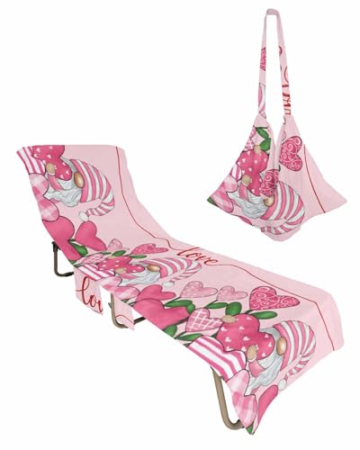 Pink Valentine's Gnomes Beach Chair Towel Covers for Chaise Lounge with Side Pocket, Soft Plush Pool Towels Cover for Patio Sunbathing Outdoor 29''x85'' Love Heart Checkered Stripe