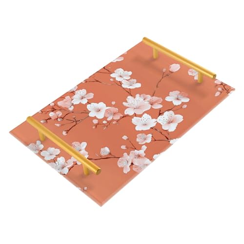Bathroom Vanity Tray Counter Organizer, Nature Cherry Blossom Decorative Tray with Handles Countertop Storage for Bathroom Bedroom Kitchen Home Farmhouse