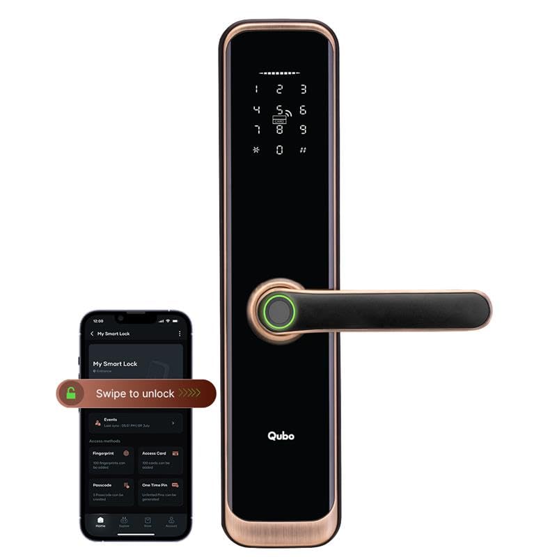 Image of QUBO Smart Door Lock Elite from Hero Group | 7-Way Unlocking | Fingerprint | OTP Remote Unlocking | PIN | RFID Card | Mobile App | Mechanical Key | 1 Year Brand Warranty (Copper)