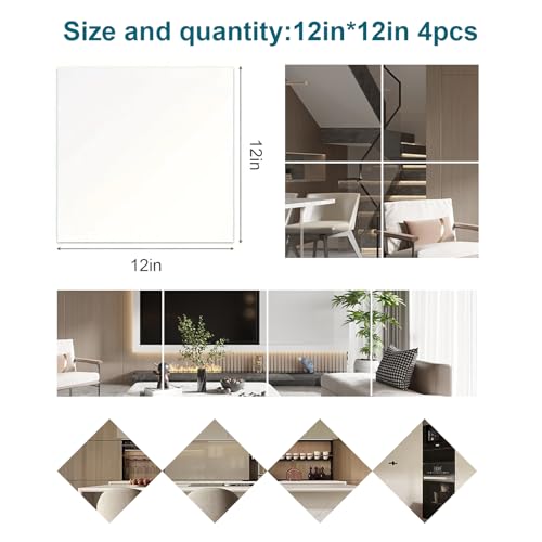 PopularLdo Wall Mirror Tiles 12x12 inch 4 Pack, Self Adhesive Plastic Mirrors for Wall Decor, Easy Install Stick-On Full Body Mirror Squares