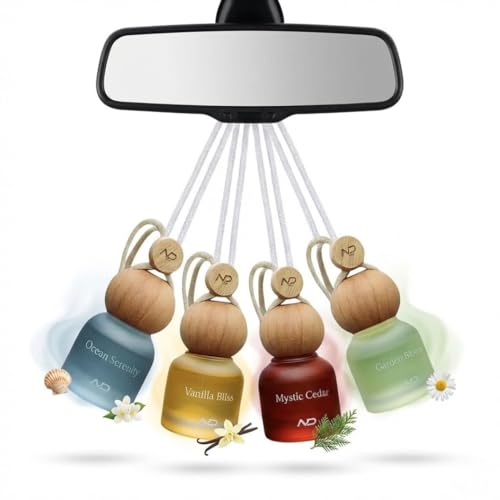 Image of NEODRIFT 'NeoBliss' (Set of 4) | (Mix) Car Hanging Diffuser Car Perfume & Air Freshener in Glass Bottle with Wooden Lid and Long Lasting Scent - 10ml