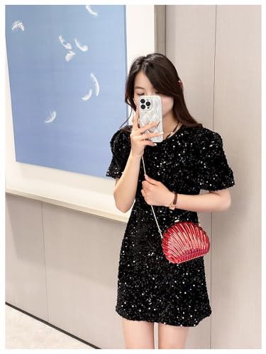 Image of Glitter Seashell Evening Clutch Purse Mini Chain Shoulder Bag Acrylic Shell Pearl Crossbody Bag