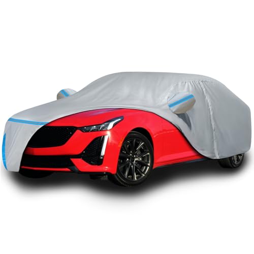 Image of Car Cover for 2019-2025 Cadillac CT5 /CT5-V Sedan, Waterproof Custom-fit Sun Rain UV Dust Snow All Weather Protection Windproof Outdoor Full Car Cover with Door Zipper and Cotton Lining-Gray