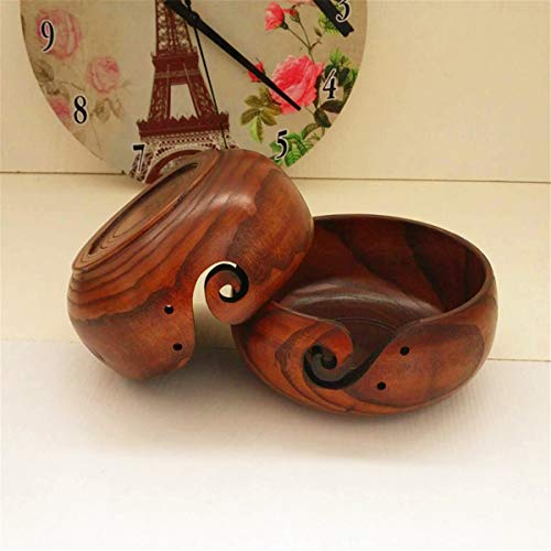 Image of Joyeee 1 Pcs Wooden Yarn Bowl with Lid, Crafted Wooden Weaving Thread Bow with Carved Holes, Premium Knitting Storage Accessories & Supplies, Handcrafted Round Yarn Ball Bowl Brown Box, 16 CM #02