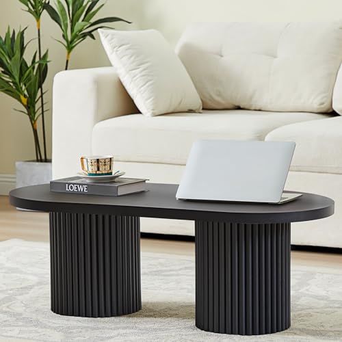 RUSTYER Oval Fluted Coffee Table, Farmhouse Wood Coffee Table Mid Century Modern Center Table Boho Living Room Tables for Living Room Office (Black, 19.69