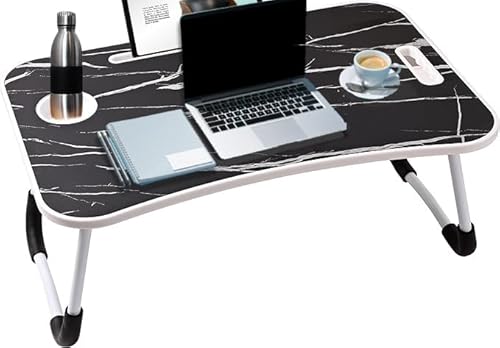 KKTECH Folding Laptop Bed Table Lap Standing Desk Sofa Breakfast Table Bed Tray Laptop Lap Desk with Cup Holder Notebook Stand Steel Legs 60x40x28cm (Marble Black)