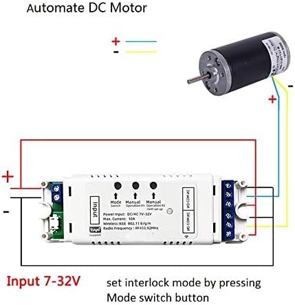 Schéma zapojení pro automatizaci stejnosměrného motoru s bezdrátovým reléovým modulem Tuya 2-kanálový.