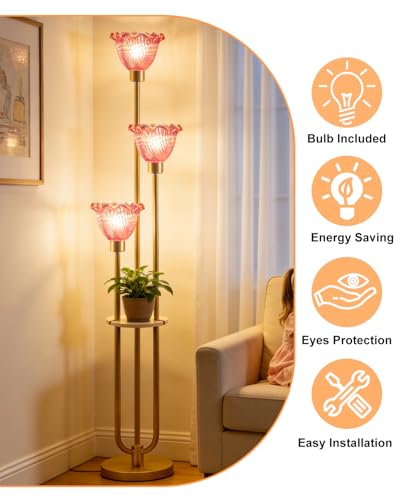 Image of Lightdot Glass Floor Lamp for Living Room Gold Floor Lamp with Rose Red Glass Shade & 3000K Bulbs Included Modern Tall Standing Lamp with 5Lbs Heavy Base for Bedroom /Sofa Beside /Corner Decor
