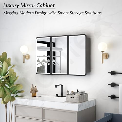 Image of Plantex 304 Stainless Steel Bathroom Cabinet with Mirror /LED Mirror Cabinet for Wall /Triple Door Bathroom Cabinet Storage /Bathroom Organiser Cabinet (36X24 Inch- Defogger /Black)