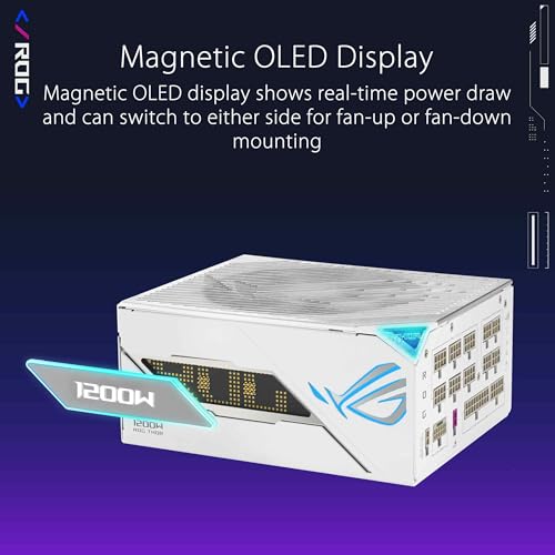 ASUS ROG Thor 1200W Platinum III White - Bloc d'alimentation (80 Plus Platinum Certified, ATX 3.1, PCIE 5.1, GaN MOSFET, GPU-First IVS, Magnetic OLED Display, Turbo Mode, garrantie10ans)