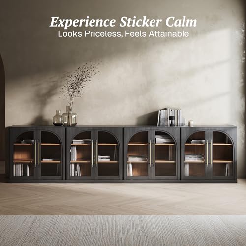 Image of BELLEZE Set of 4 Modular Sideboard with Arched Glass Door, 130'' Accent Buffet Cabinet with Storage and Adjustable Shelves,Classic Modern Credenza for Living Room Kitchen Entryway (Ebony)