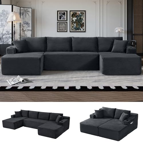 Image of Oversized Cloud Boneless Couch with Chaise, Modern Modular Sofa with Deep Seat, Corduroy Upholstered U Shaped Couch for Living Room, No Assembly Required (Grey)