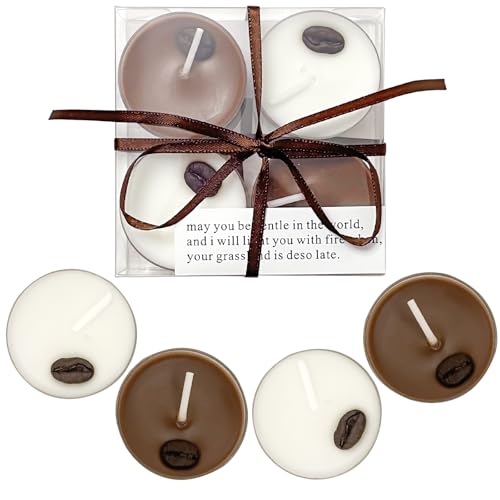 Coffee Scented Tea Lights - 4-Pack Beeswax Soy Wax Candles, White & Brown with Real Coffee Bean Decoration, Long-Lasting, Perfect for Relaxation and Gifts