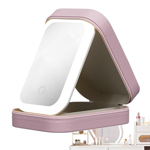 Estuche de maquillaje con espejo LED | Organizador de maquillaje portátil iluminado con espejo,Caja de almacenamiento a prueba de polvo con asa para viaje de salida, Sakura en polvo, Se référer à la