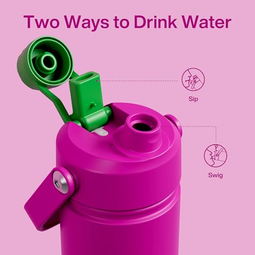 Image of ENCOOL Kids Insulated Water Bottle with Straw - 12oz Stainless Steel Water Bottle with Dual Spouts, Leak-Proof, BPA-Free, Double Wall Vacuum Keeps Cold for 24 Hours for Sports, Travel (Knockout Pink)