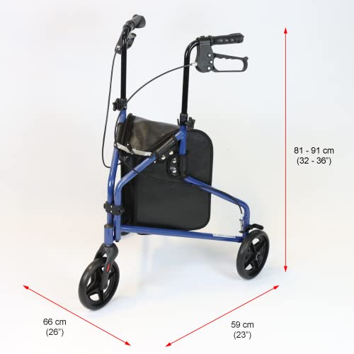NRS Healthcare 3 Wheel Steel Rollator Wheeled Walking Aid with Bag & Lockable Brakes, Folding & Height Adjustable – Blue - 2
