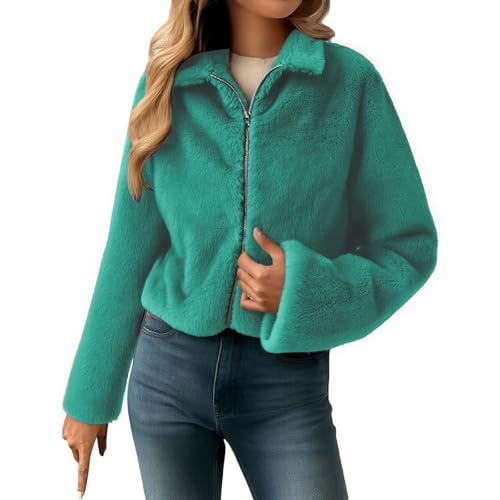 JUYAXIN Ropa de abrigo de felpa suave para mujer, abrigo ligero de piel sintética para protección contra el clima frío durante actividades al aire libre casual, verde, S-XXL