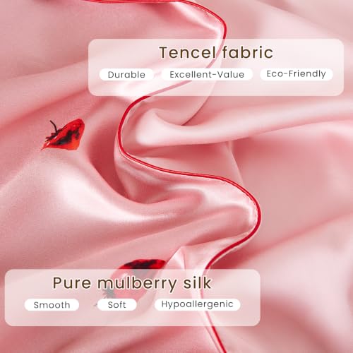 Image of THXSILK Set of 2 Pink Strawberry Heart Pattern Mulberry Silk Pillowcase for Hair and Skin, King Size 20 inchx36 inch