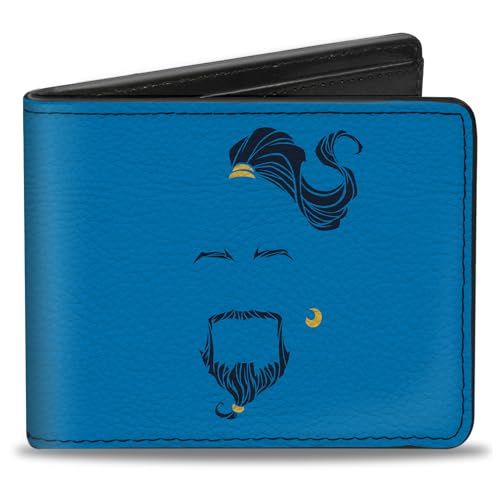 Buckle-Down Men's Disney Wallet, Bifold, 2019 Face at Your Service Blues Yellow, Vegan Leather, Aladdin Genie, 4.0