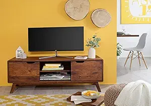 THE WOODEN CITY Solid Sheesham Wood Tv Unit for Living Room | Media Console Movable Tv Cabinet | Tv Table Side Board Storage (Honey Teak2, Large)