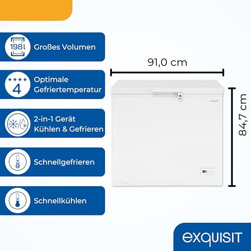 Exquisit Gefriertruhe, Kühlfunktion, 2-in-1, 198 Liter, Türschloss, 4-Sterne-Gefrieren, Schnellgefrieren, 2 Rollen, GT201-HE-040E weiss