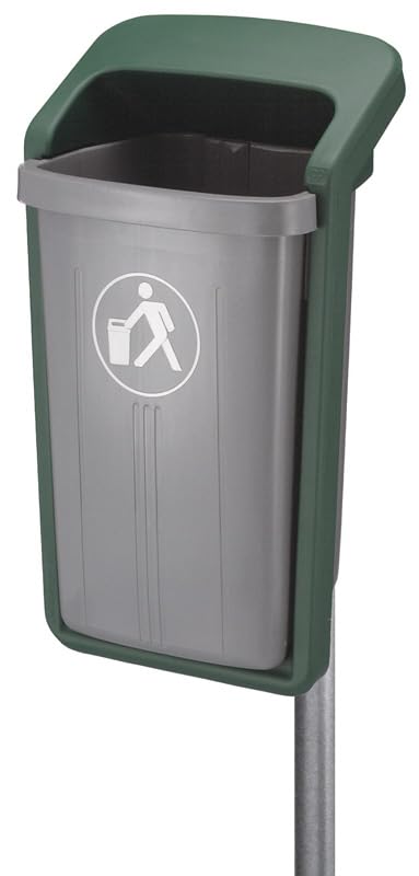 PROREGAL Abfallsammler für den Außenbereich | Wand- /Rohrbefestigung | 50 Liter, HxBxT 84,5x39x46cm | Kunststoff | Grau/Grün