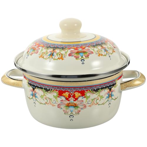 VICASKY Enamel Stockpot Double Ear Soup Pot 18cm Thickened Retro Design Enamel Stew Pot with Lid Household Multi-Function for Home Cooking Random Color