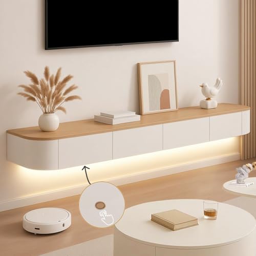 Image of Floating TV Stand Wall Mounted - Wall Entertainment Center with Flip-Down Doors & Drawers, Modern Hanging TV Shelf for Living Room, Media Console for 65 /75 80 Inch TVs (White+Wood- B, 110 IN /280CM)