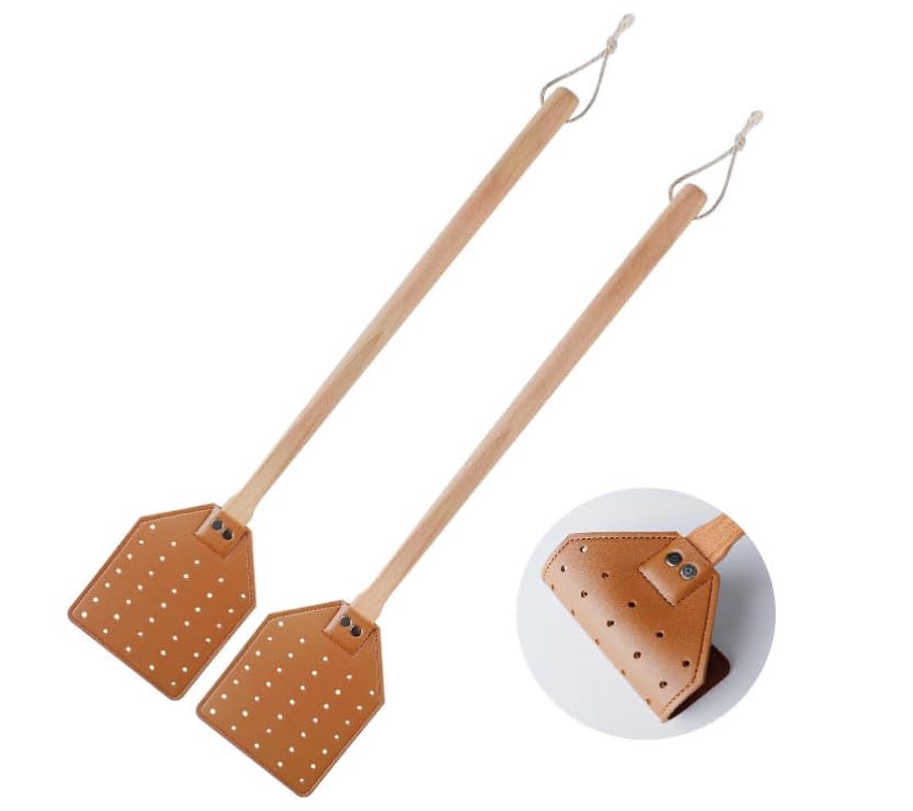 Fly Swatter,2 Pack Leather Fly Swat with Long Wood Handle and Hanging,Fly Catcher Insect Mosquito Wasp Pest Control for Indoor Outdoor Home Fly (A)