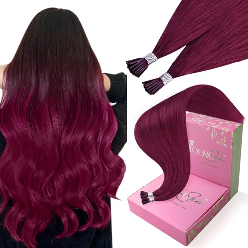 Image of YoungSee I Tip Hair Extensions Human Hair Magenta, Itip Human Hair Extensions Red, 20 Inch 25 Strands 25g, Hair Extension I Tip, Colored for Prom and Graduations